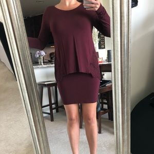 Burgundy mini dress with lace detail, size Small